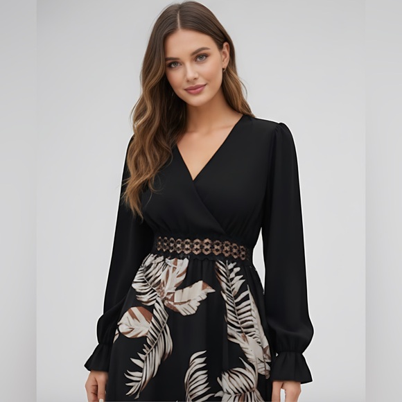 Tropical Print Guipure Lace Insert Flounce Sleeve Dress - Picture 1 of 7